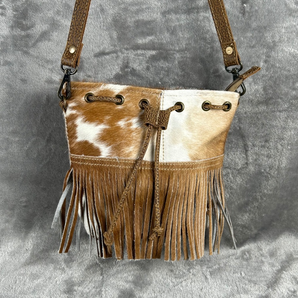 Myra Bag Brown White Cow Hide Leather Fringe Crossbody Bucket Bag Western